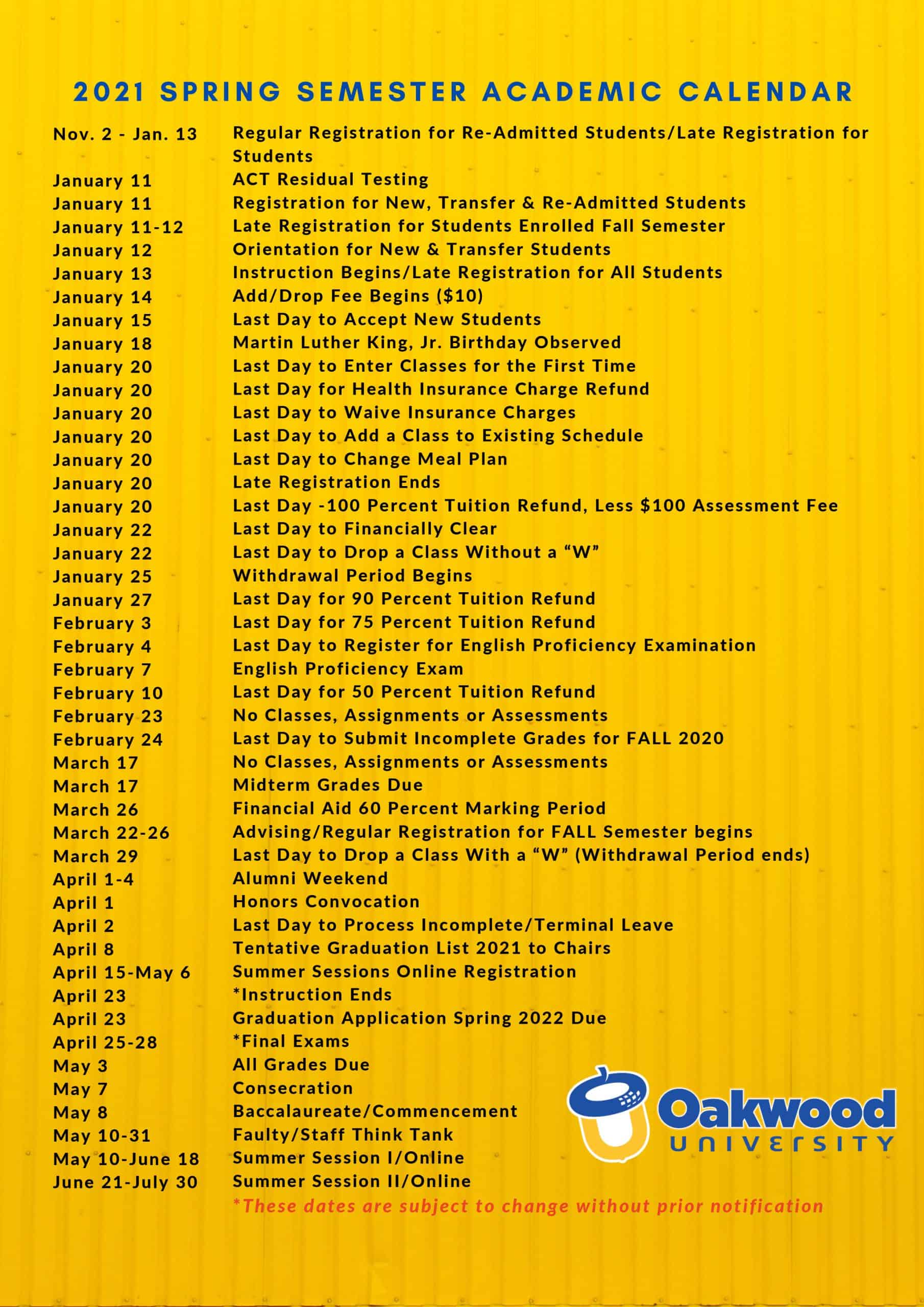 Spring 2021 Calendar Oakwood University